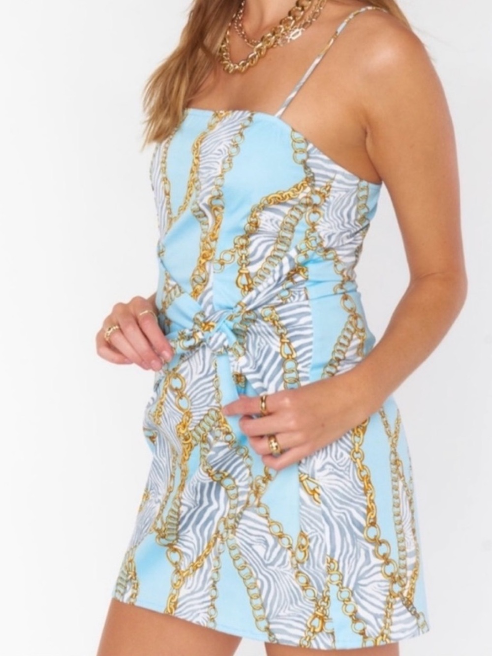 Show Me Your MuMu Blue and Gold Ruffled Wrap Dress